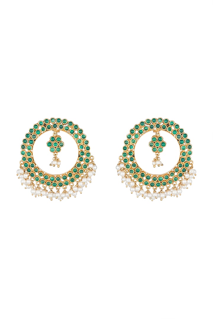 Antique Gold Finish Green Stone & Pearl Round Earrings by Unniyarcha
